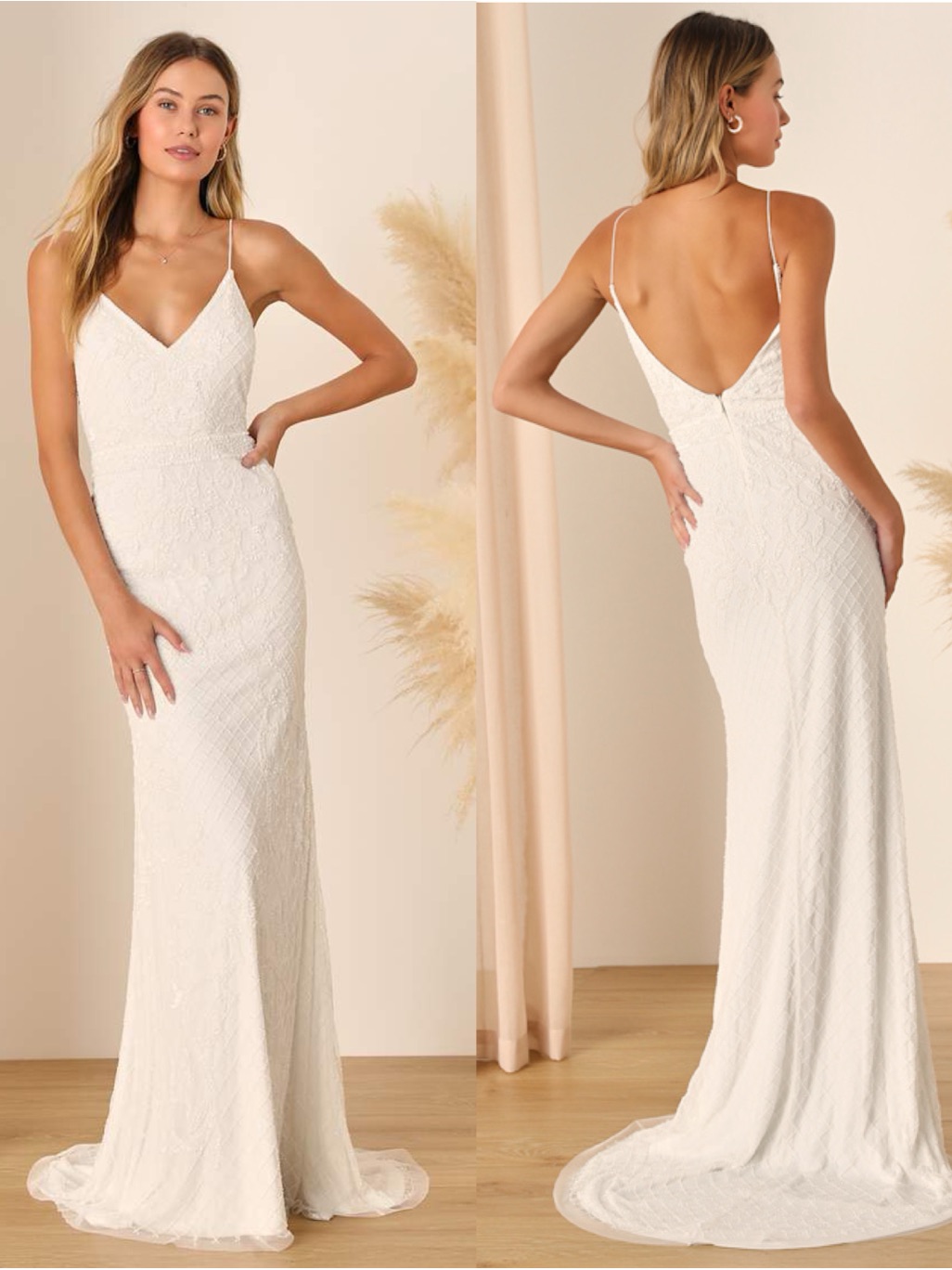Lulu’s Cherished Vow White Beaded Backless Mermaid Maxi Dress